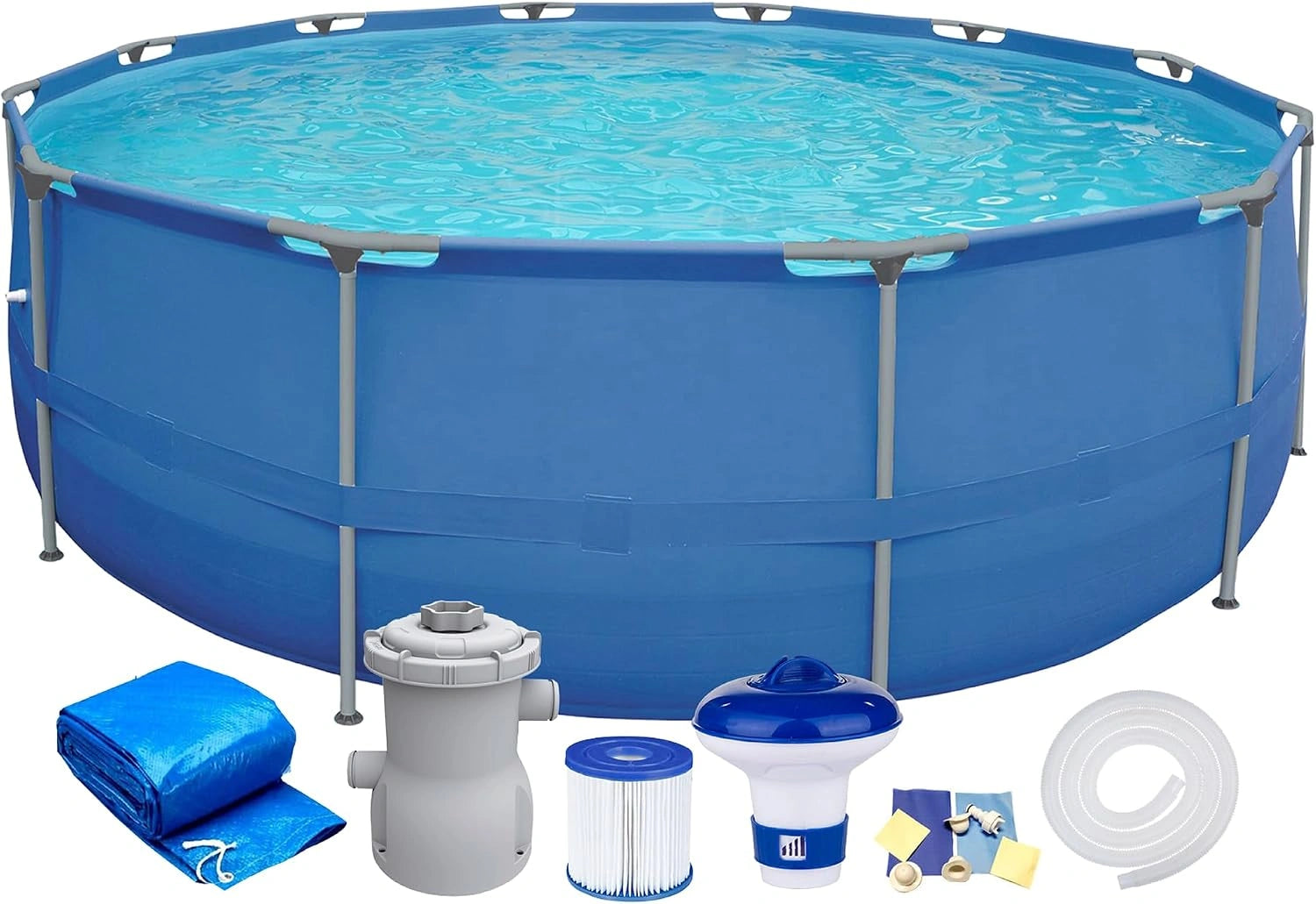 Piscine de Jardin Kit Complet avec Pompe de Filtration - Couvercle du Distributeur de Produits Chimiques - Diamètre: 300 x 76 cm - Cadre Rond