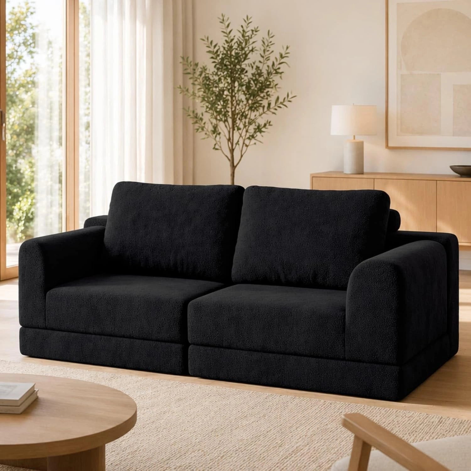 KOMHTOM Canapé-lit Convertible 2 Places, Idéal pour Studio (Noir - D), Structure 2 Niveaux, Fauteuil Multifonctionnel, Tissu en Flanelle