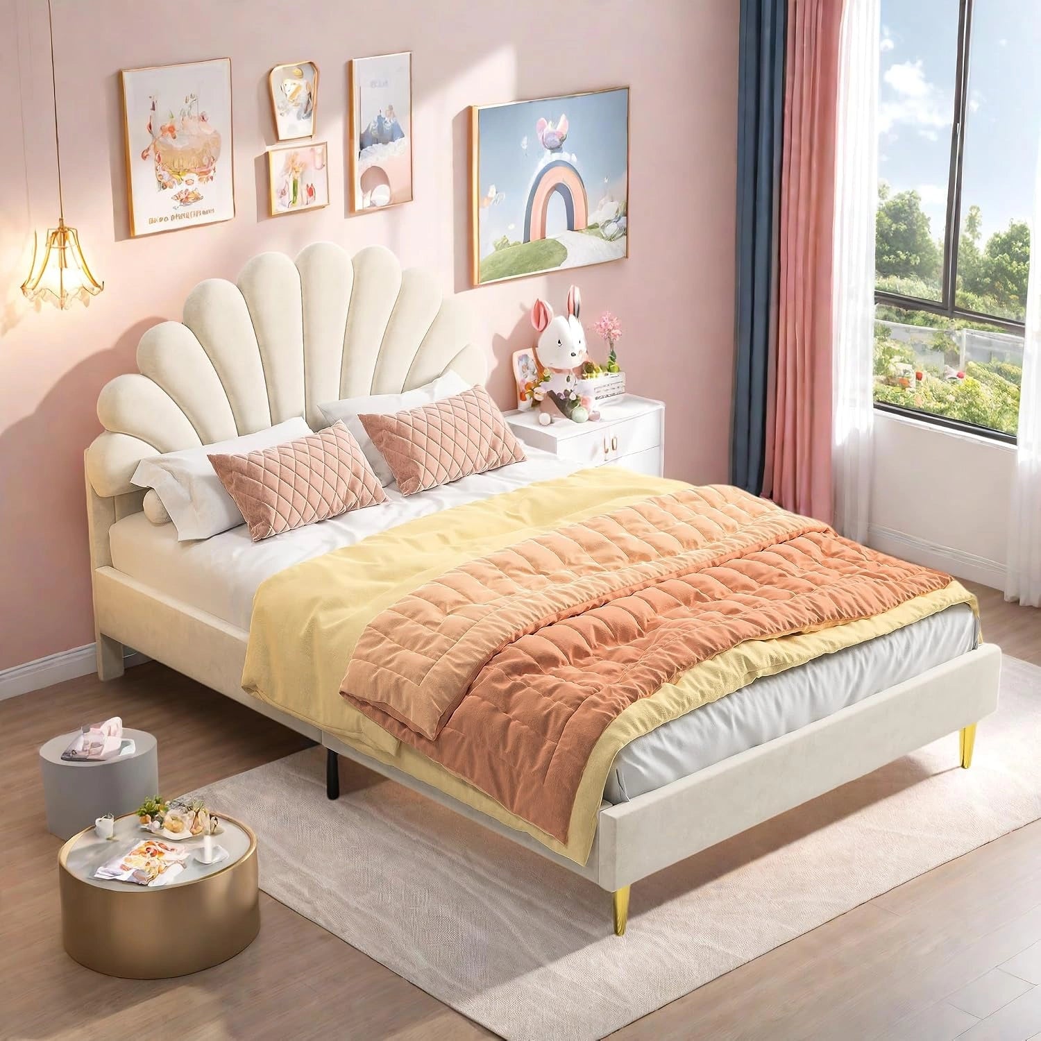 Lit double rembourré 140 x 200 cm, sans Matelas (Beige), lit Enfant Fille avec Tête de Lit en Forme de Fleur, Réglable en Hauteur, velours