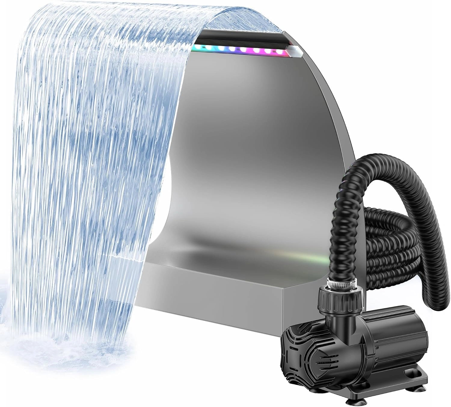 POPOSOAP Ensemble de cascade de bassin 300C, déversoir de 30 cm en acier inoxydable, pompe 24 V CC de 6000 l/h avec lumières LED