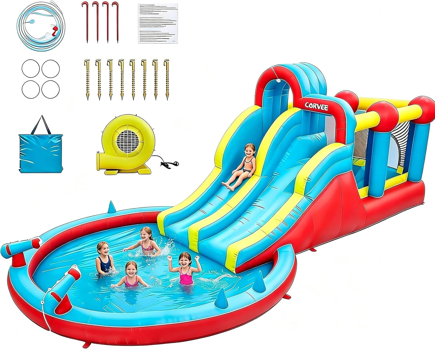 Chateau Gonflable Extérieur avec Piscine, 8 in 1 Château Gonflable XXL-Double Toboggan et Souffleur, Air De Jeux Gonflable Piscine Fur 3-8 Ans