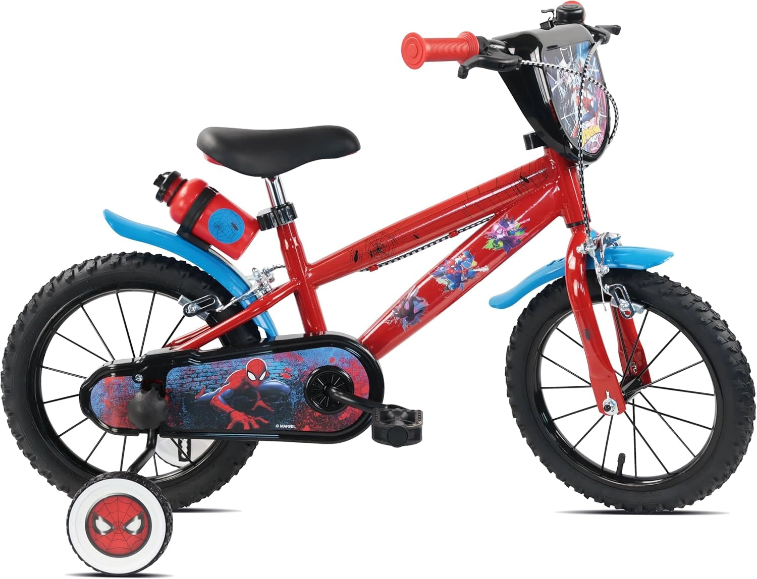 Velo 14 Pouces Spiderman équipé de 2 Freins, Plaque Avant décorative, bidon arrière, Roues à Rayons, pneus gonflables