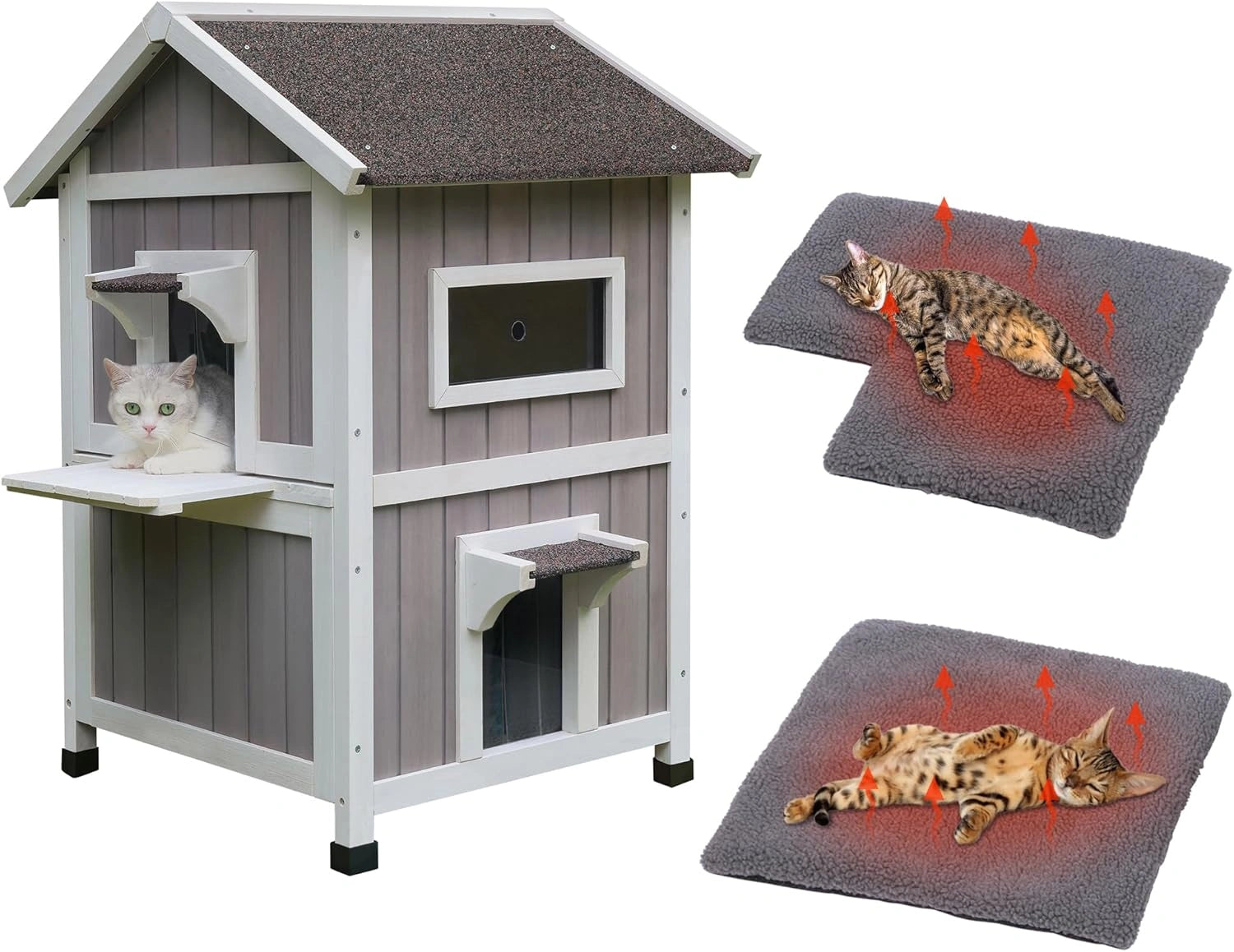 HiCaptain Niche pour chat d'extérieur résistante aux intempéries - Maison sauvage à 2 étages avec balcon et porte d'évacuation - Abri en bois