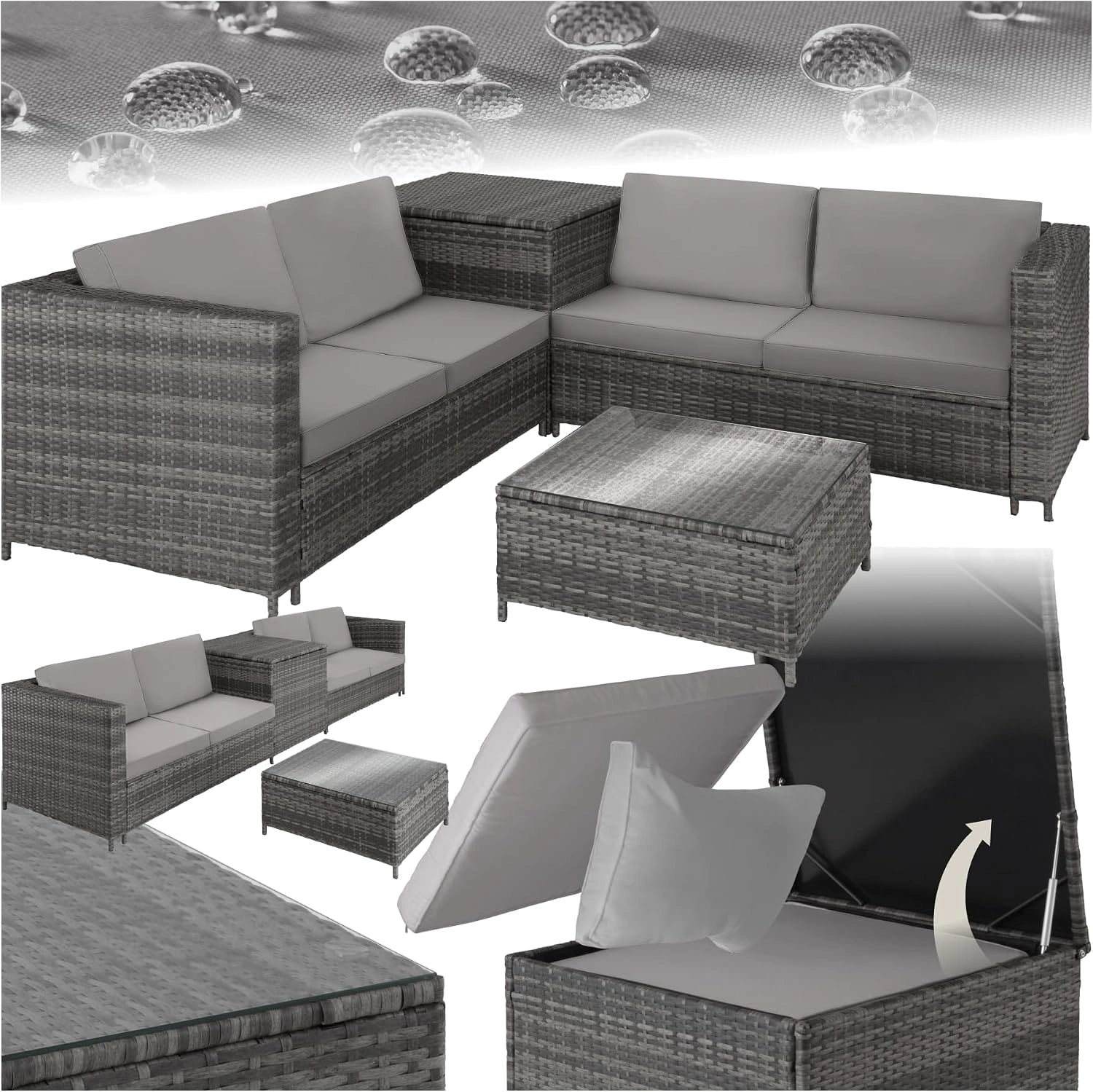 tectake Ensemble Salon de Jardin Exterieur en Poly Rotin 4 Personnes, 2 Canapés modulables, Coffre de Rangement et Table de Jardin en Verre