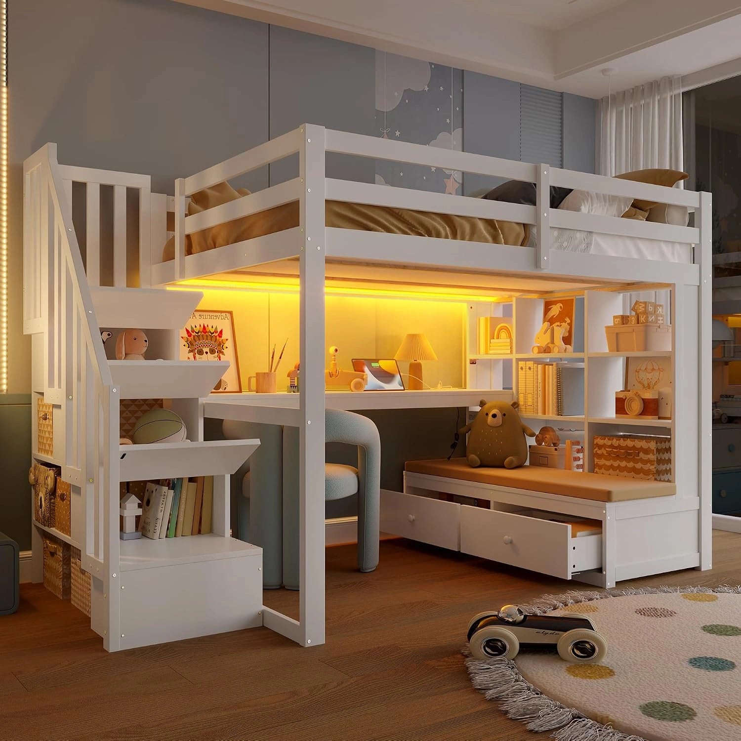 Lit mezzanine, blanc B, 140 x 200 cm, escalier de rangement et 2 tiroirs, avec bureau, sommier à lattes en bois, sans matelas, pour enfant, étagères