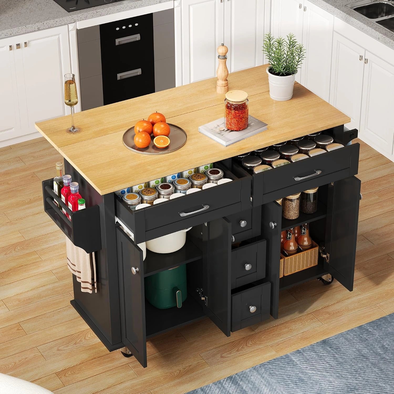 Chariot de cuisine avec plan de travail pliable, 5 tiroirs et 2 armoires, îlot de cuisine mobile sur roulettes, porte-épices et serviettes