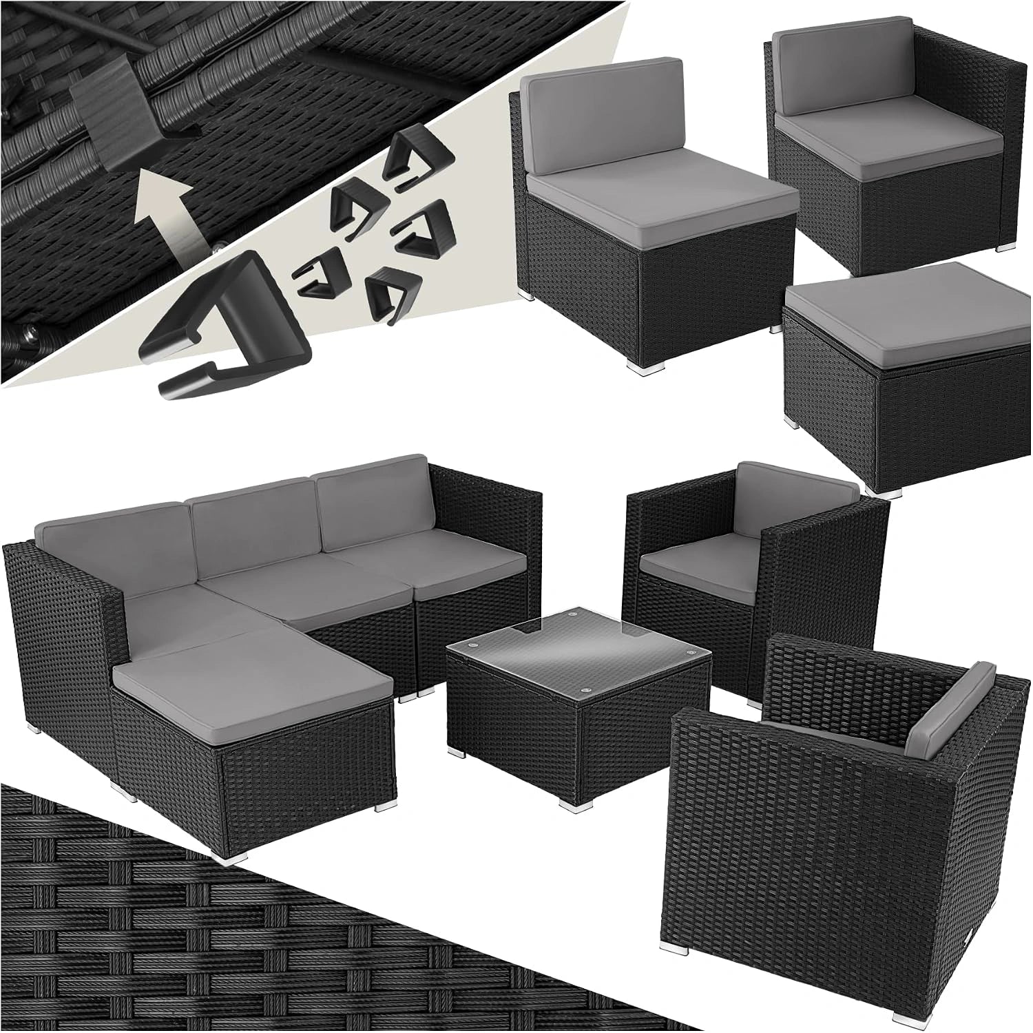 tectake Ensemble Salon de Jardin Exterieur en Poly Rotin Modulable 7 Places 6 Fauteuil Salon 1 Tabouret Pouf et 1 Table de Jardin, Coussins