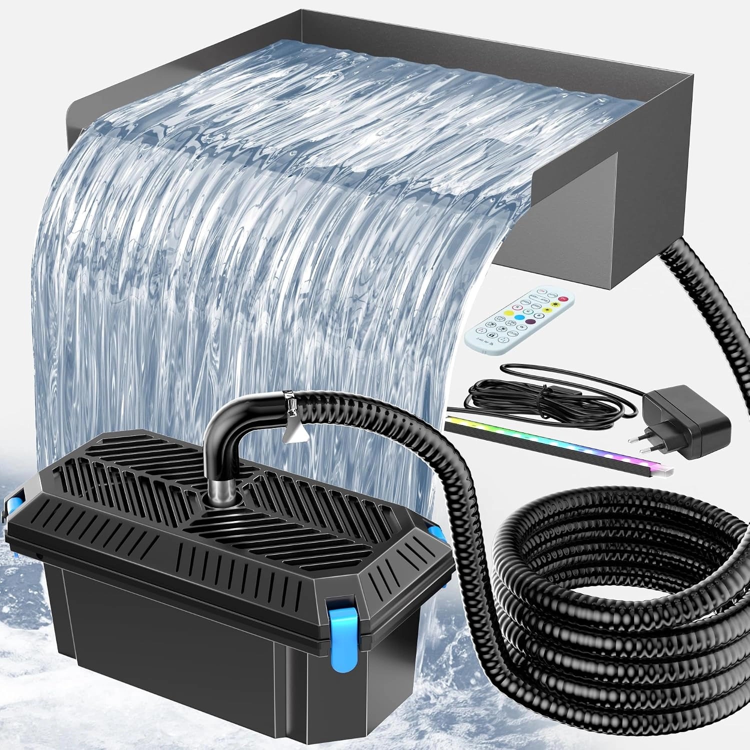POPOSOAP Kit de Cascade pour Étang, Déversoir en Acier Inoxydable 304 de 30 cm avec Filtrage 3 Niveaux, Pompe 2500 L/H, Lumières LED RVB