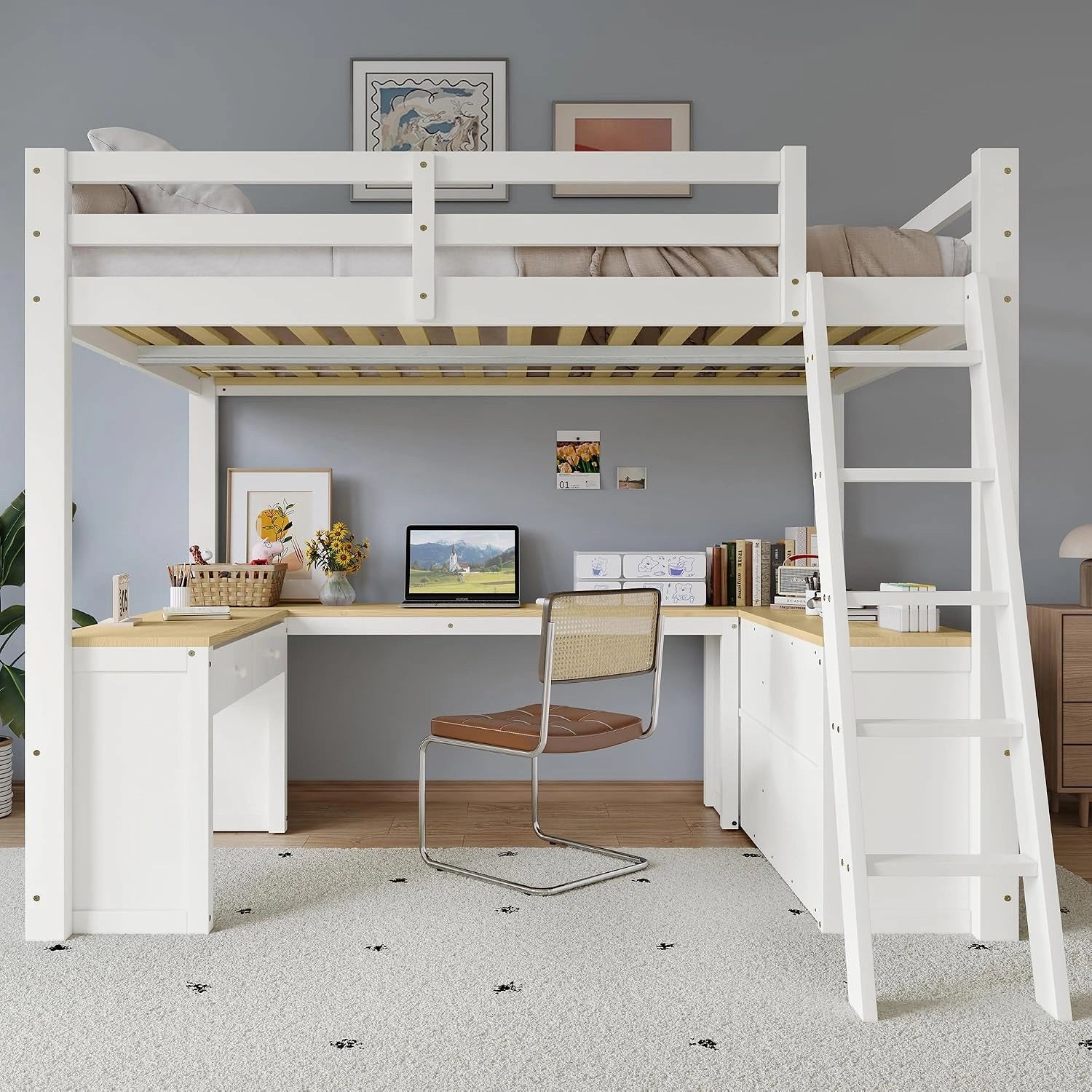Merax Lit Mezzanine Enfant 140x200 cm avec Grand Bureau en U, Blanc et Naturel, 2 Tiroirs et Étagère de Rangement
