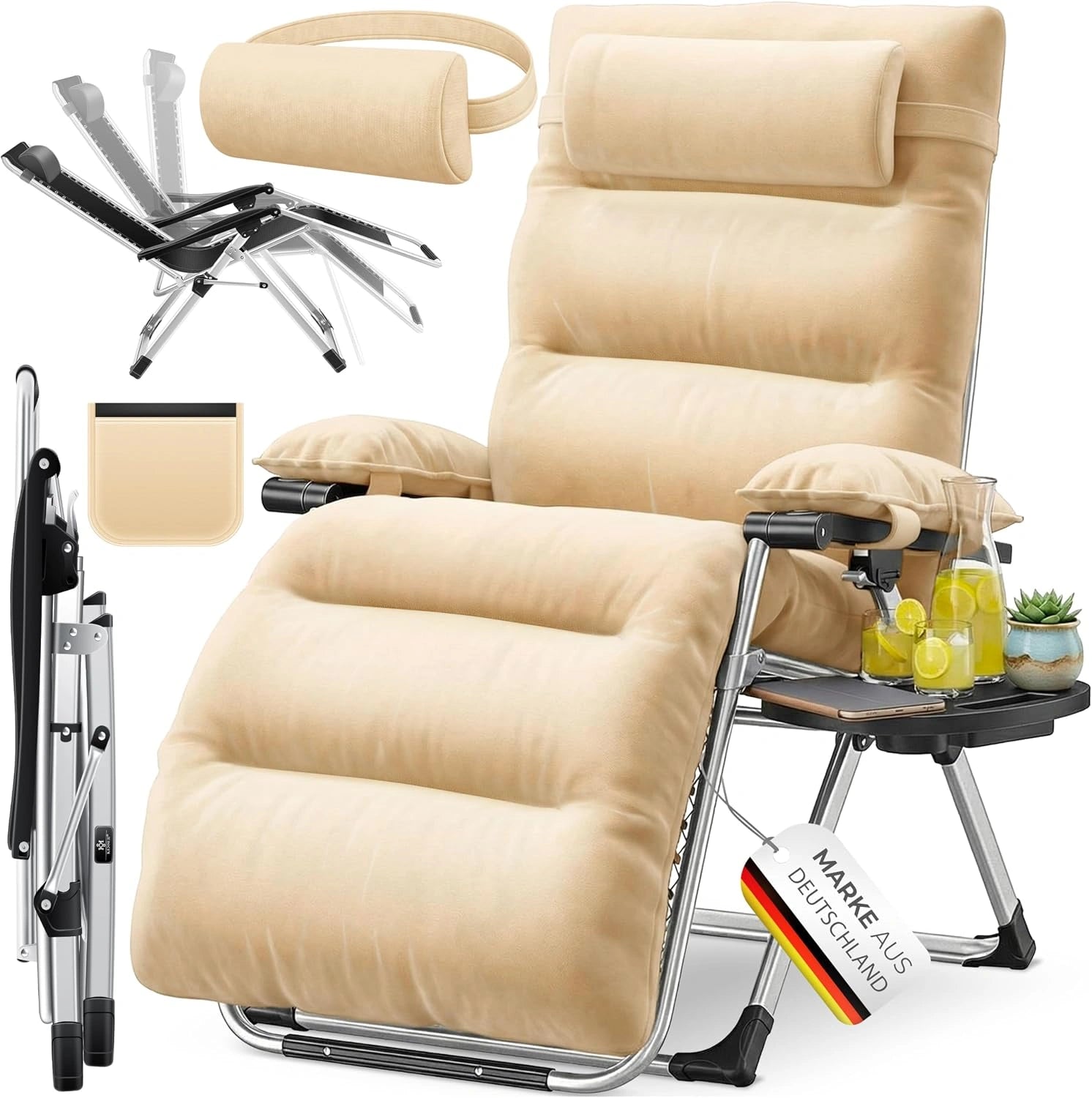 KESSER Chaise longue de jardin pliable extra large et résistante aux intempéries, charge maximale: 200 kg, rembourrage ergonomique, porte-gobelet