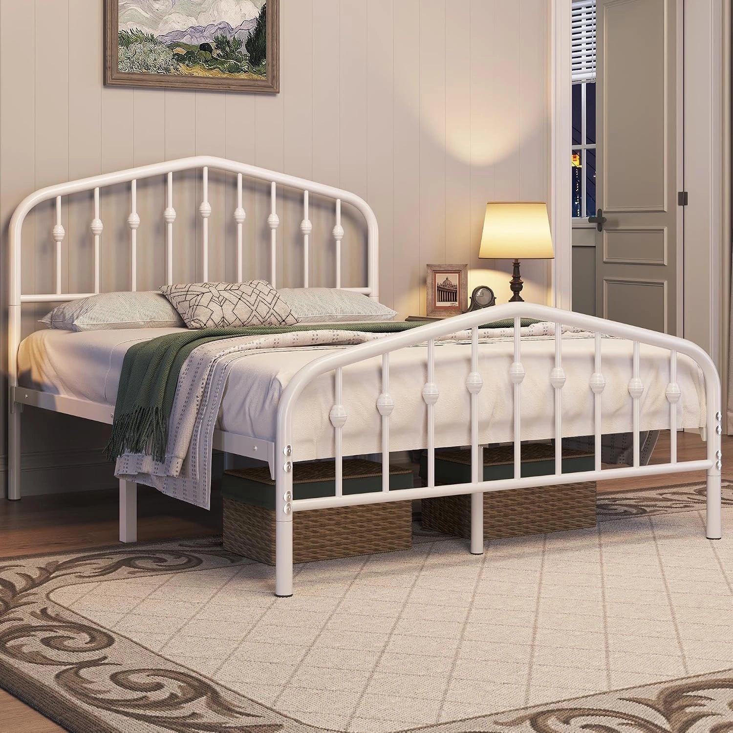 Yaheetech Cadre de Lit en Métal avec Tête de Lit Déco Effet Couronne 140x200 cm Lit Moderne avec Sommier à Lattes Blanc