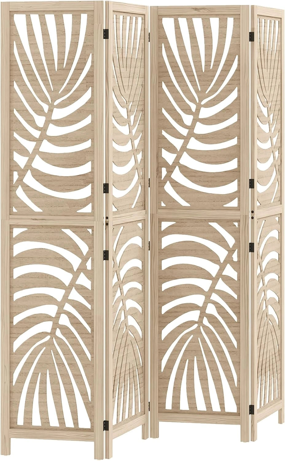 HOMCOM Paravent Interieur en Bois 4 Panneaux 160 x 170 cm Bois Naturel, Séparateur de Pièce Pliable et Portable, Motif de Feuille, Chambre à Coucher