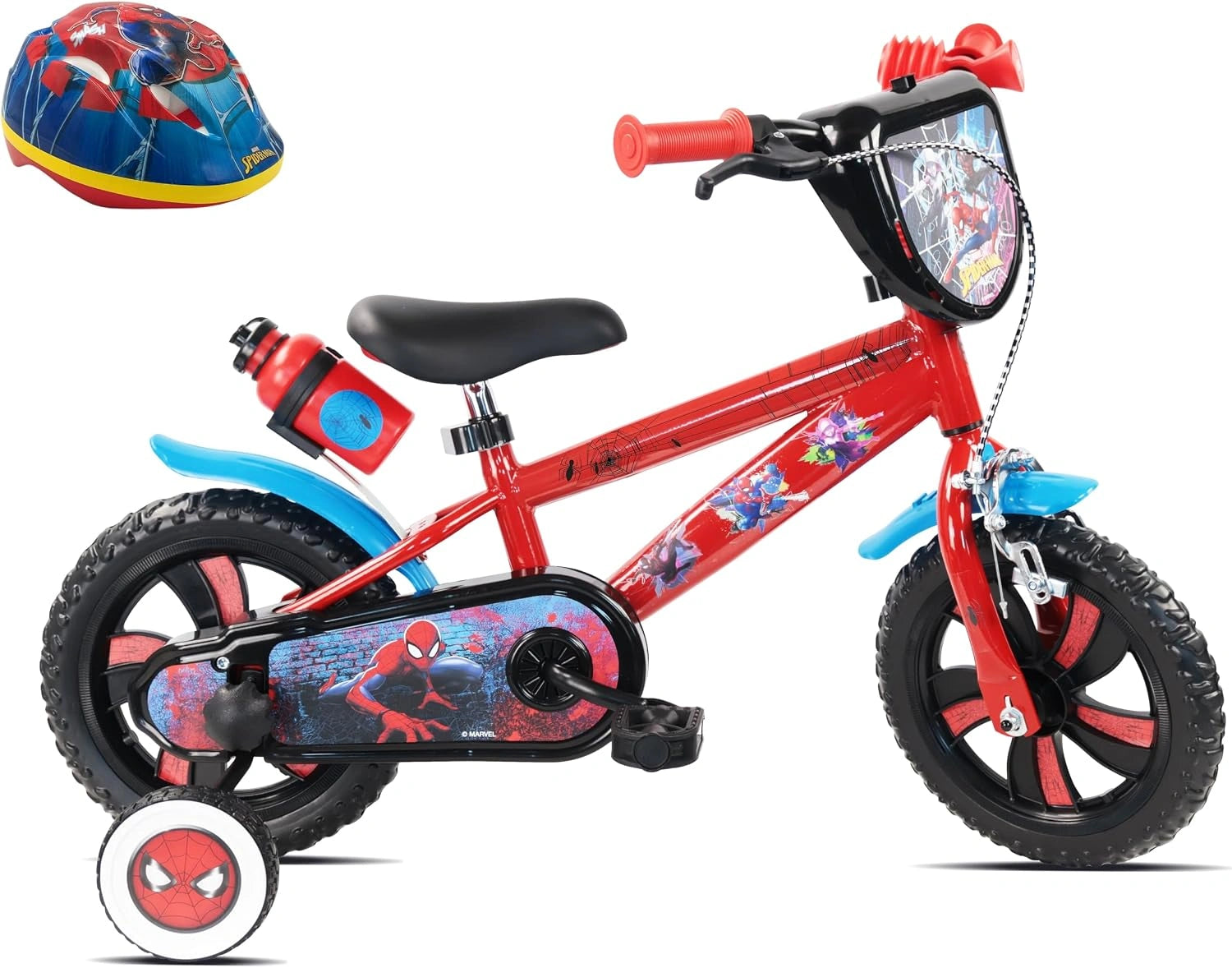 Vélo Enfant 12' Spiderman de Marvel livré avec Casque Spiderman et équipé de 1 Frein, Plaque Avant décorative, Porte bidon et bidon arrière