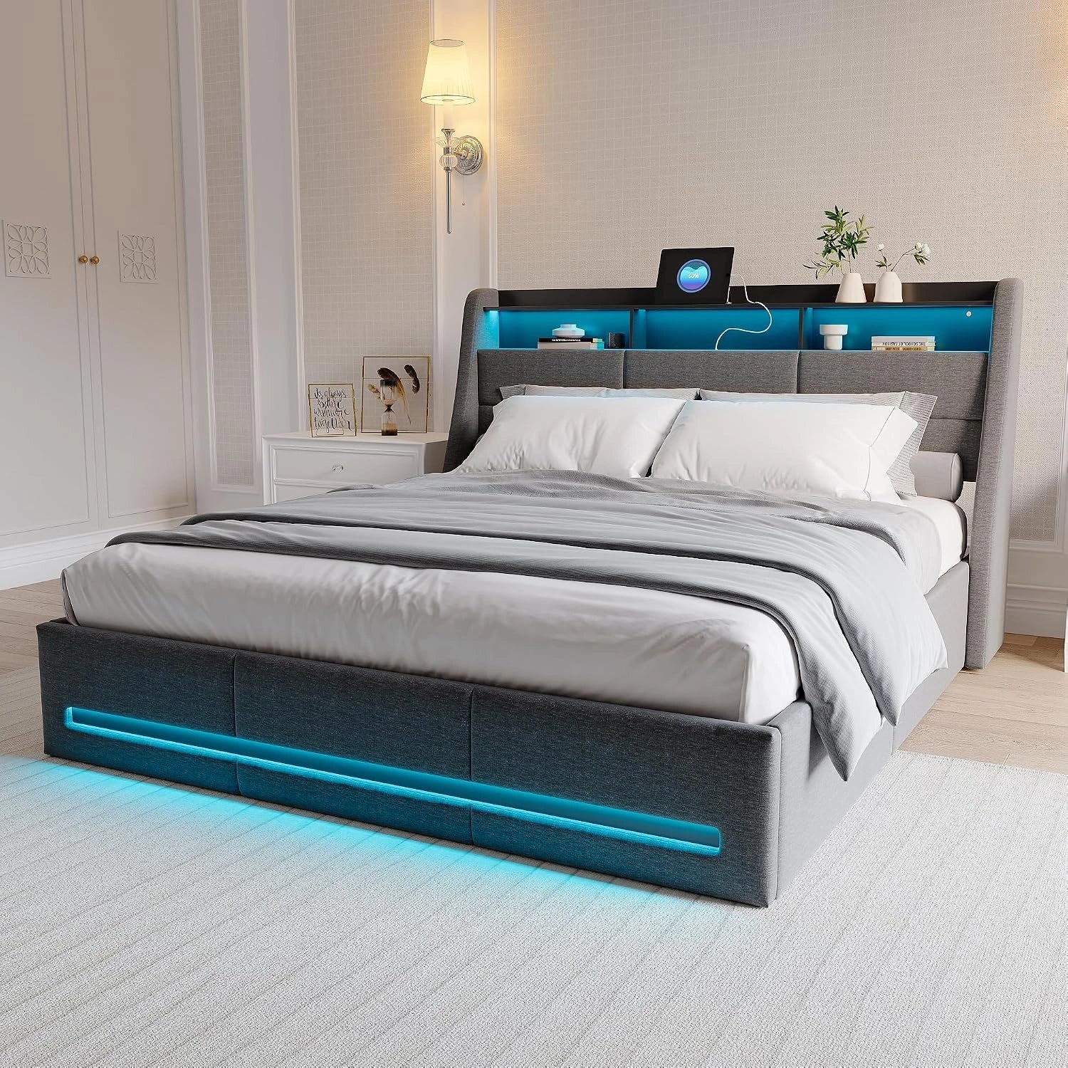 Lit Coffre 140x190 cm avec éclairage LED et Port USB, en Lin Gris (Gris, 160x200), lit Double rembourré avec Rangement de Chevet