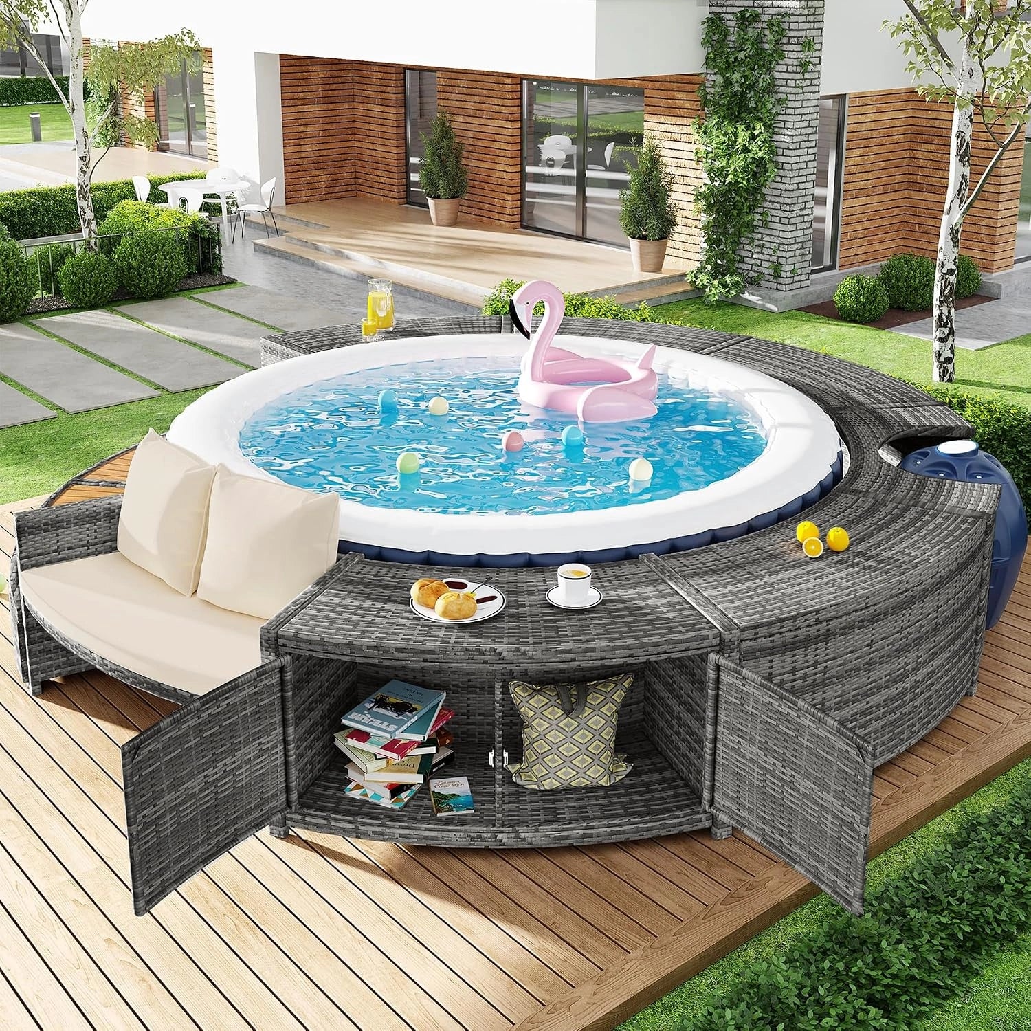 Spa Piscine Salon de Jardin Bordure de Piscine PE Gris Rotin et Bois d'acacia avec Espace de Rangement Salon pour Jacuzzi et Piscine