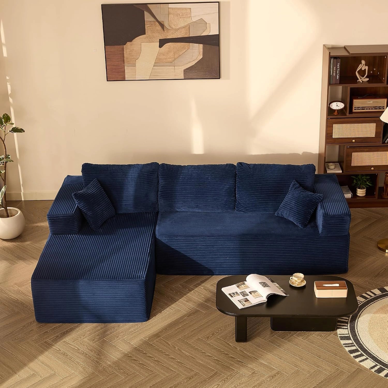 272 cm Canapé d'Angle Modulable sans Montage, Bleu Marine, Velours Côtelé, Configuration Flexible, Assise Profonde, Mousse Haute Densité, Pour Salon