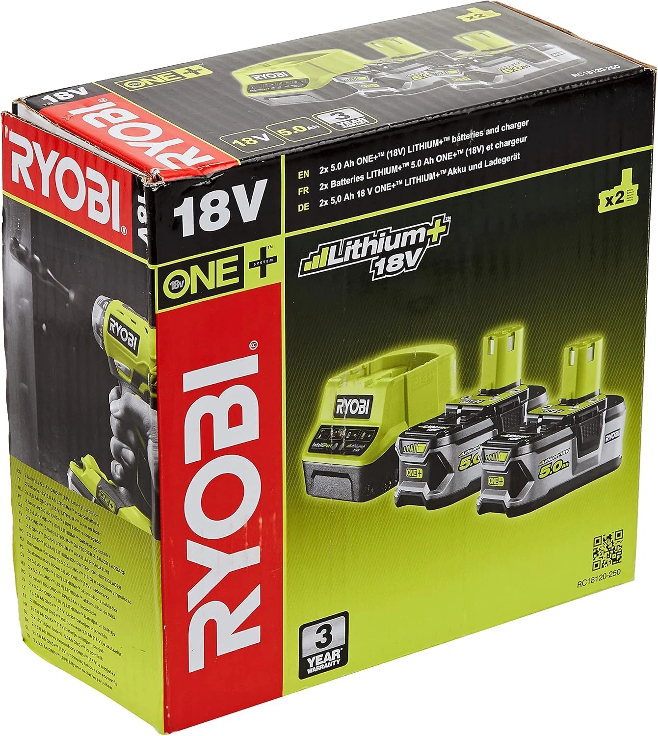 Pack RYOBI 5133003364: 2 Batteries 18 V One+ 5.0 Ah LithiumPlus + Chargeur Rapide 2.0 Ah RC18120-250 - Autonomie Élevée, Indicateurs LED