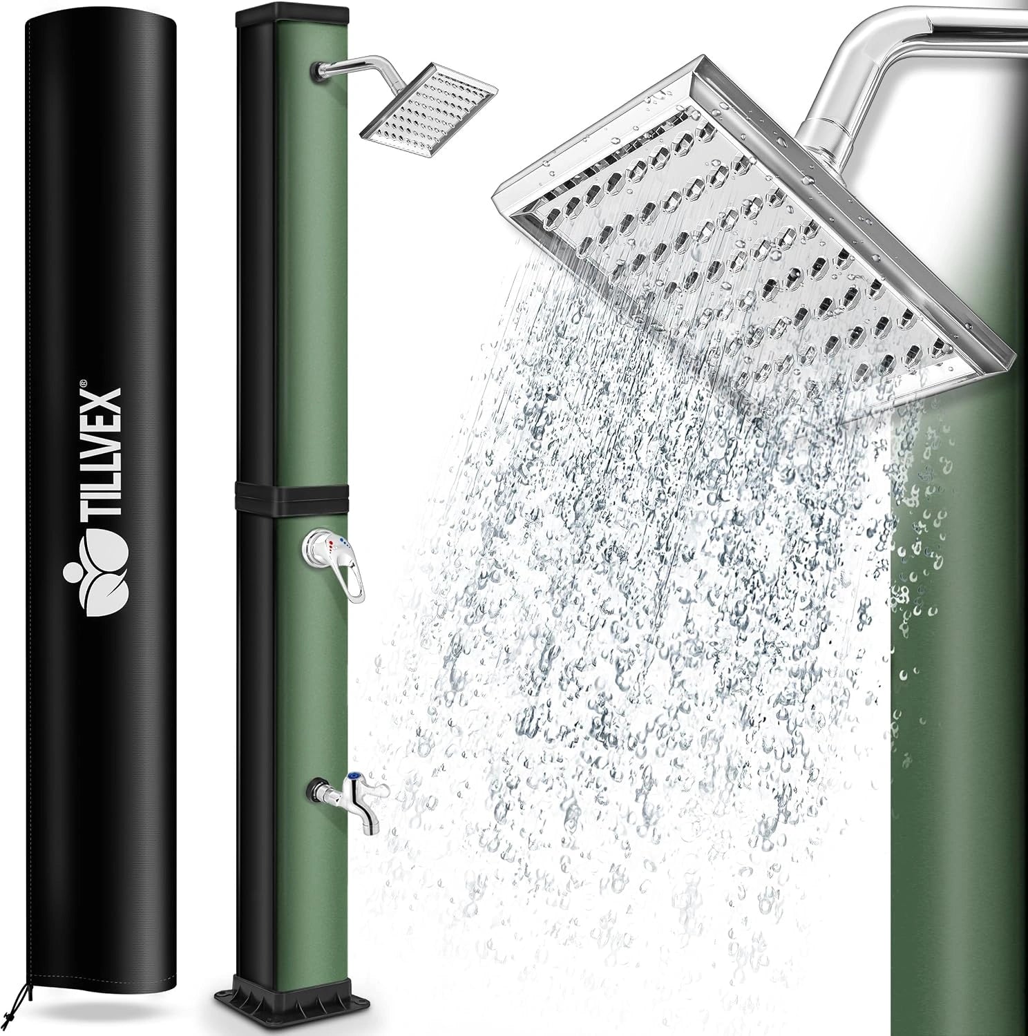 tillvex Douche Solaire avec Capot de Protection, sans raccordement électrique (Noir/Vert, 40 litres), Douche de Jardin Eau Chaude