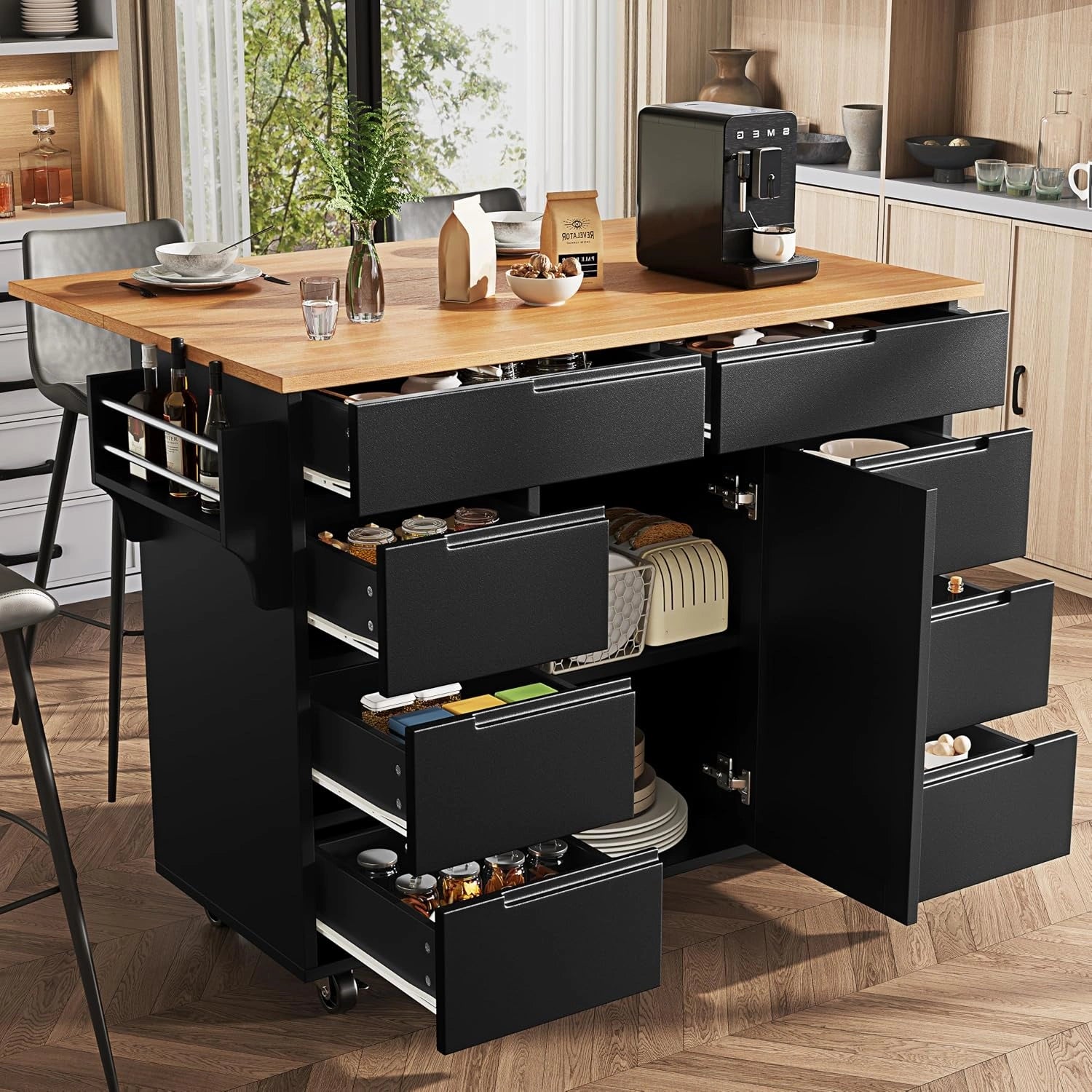 Merax Îlot de cuisine mobile moderne avec table extensible, 8 tiroirs et roulettes, chariot de service avec étagère à épices