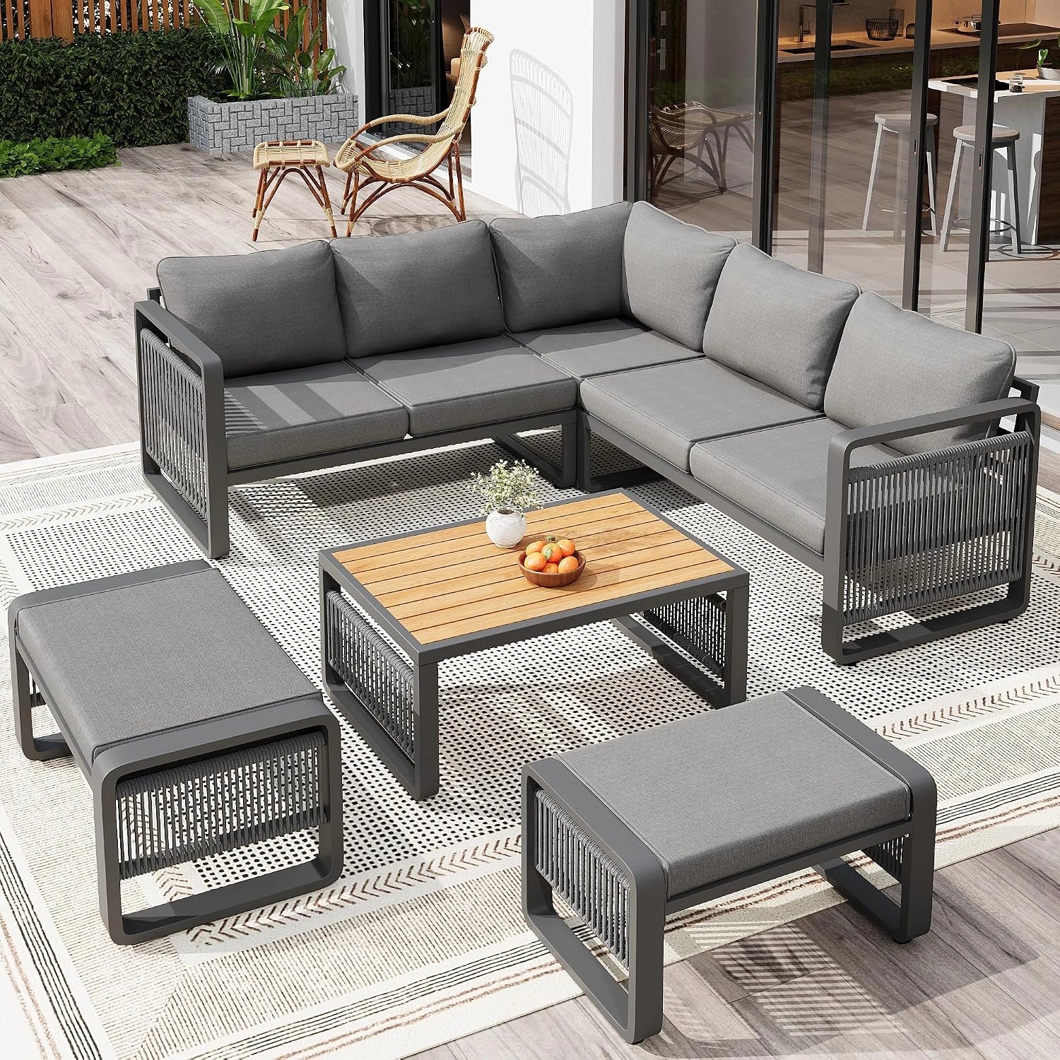 Salon de jardin exterieur, (gris-4), ensemble de meubles pour 6-7 personnes, Ensemble de chaises longues de jardin, pieds réglables