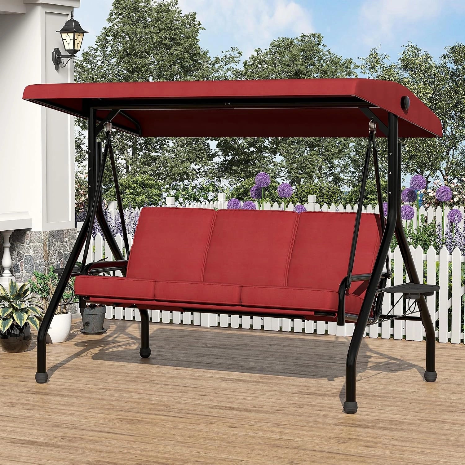 Canapé Suspendu avec Toit de Protection, Couleur Rouge, 3 Places, inclut Coussins et dossiers Confortables, pour terrasse ou Jardin