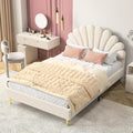 Lit Enfant 140x200 cm, Design Pétales en Velours Beige, Lit Double Rembourré avec Tête de Lit en Forme de Fleur, Hauteur Réglable