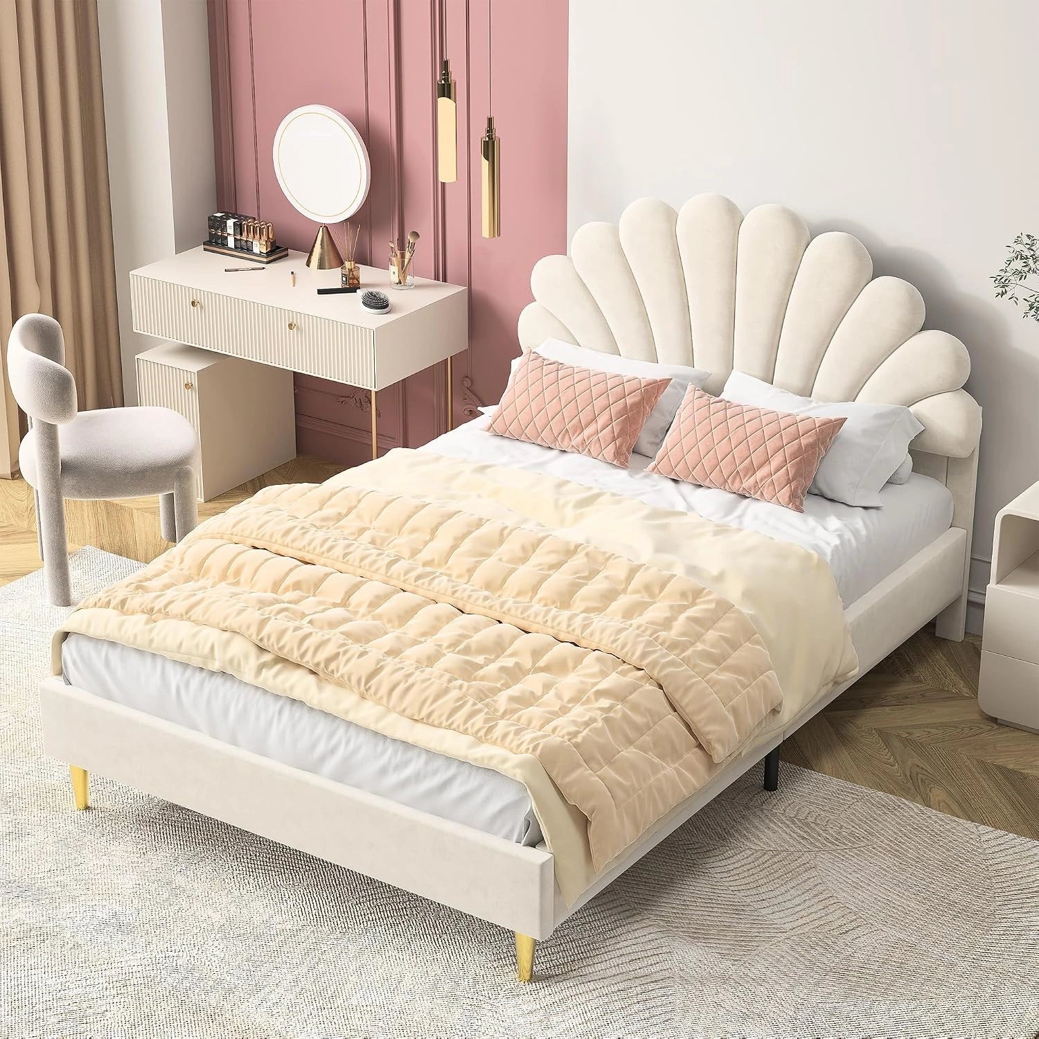Lit Enfant 140x200 cm, Design Pétales en Velours Beige, Lit Double Rembourré avec Tête de Lit en Forme de Fleur, Hauteur Réglable